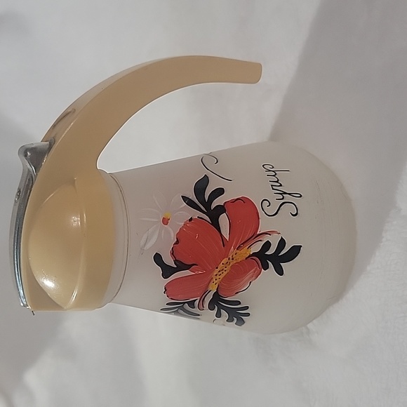 1950s Hazel Atlas Frosted Syrup Pitcher Painted Flowers - Picture 2 of 7